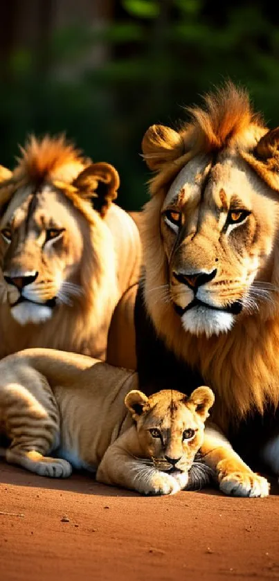 A lion family resting in a serene natural setting on soft ground.