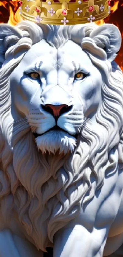 White lion with a crown against fiery backdrop.