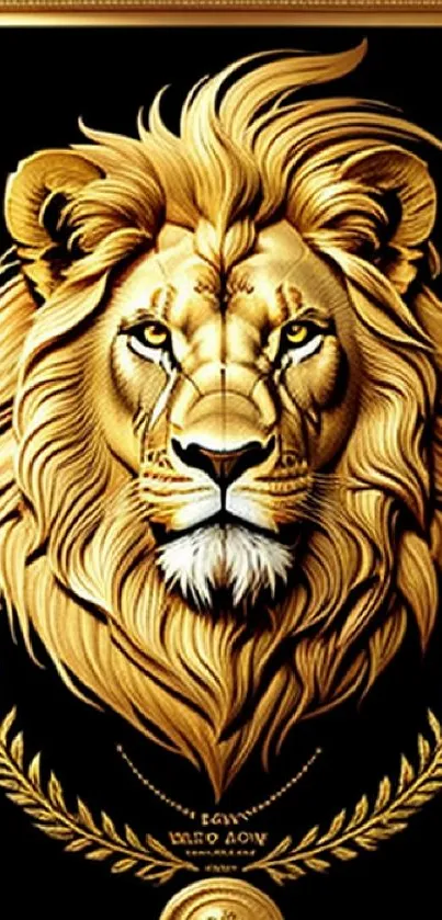 Majestic lion in a gold ornate frame, perfect for a luxurious wallpaper.