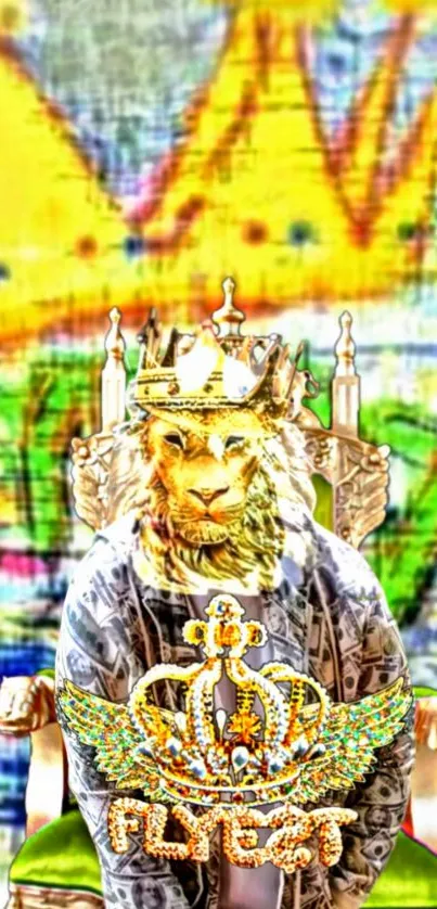 Lion with crown in graffiti art backdrop, vibrant and regal design.