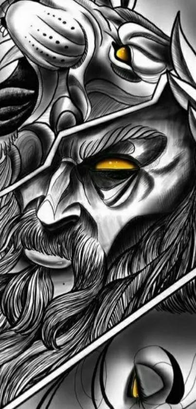 Intricate lion helmet art wallpaper with bold colors.