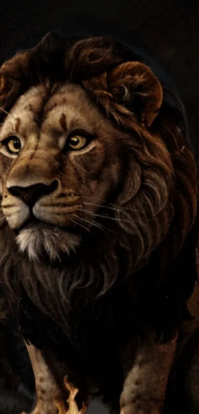 Majestic lion with a dark, dramatic backdrop.