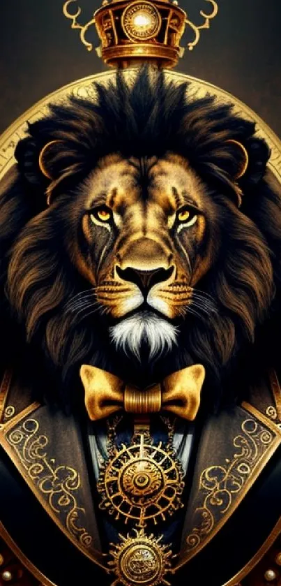 Regal lion in golden attire with crown and ornate details.