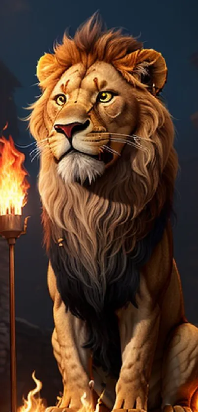 Majestic lion sits regally with torchlight in a medieval fantasy scene.