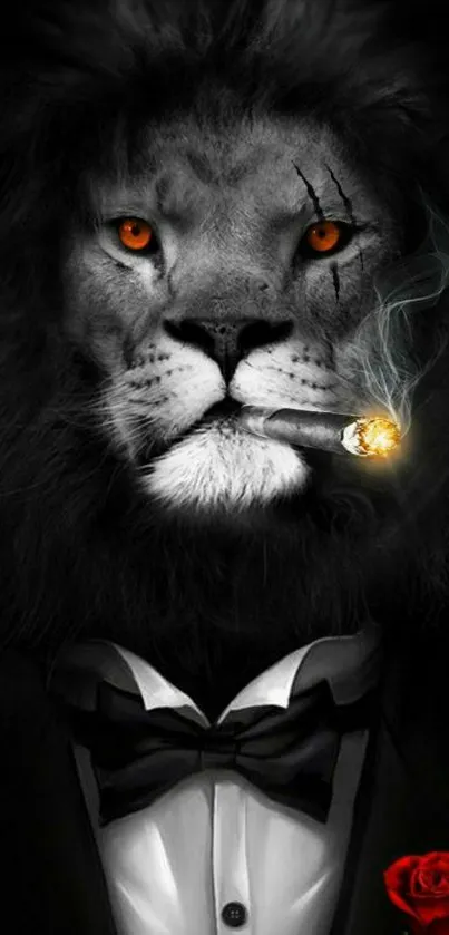 Majestic lion in tuxedo with cigar and glowing eyes on a dark background.