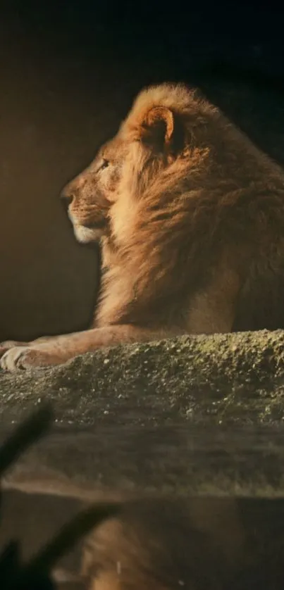 Majestic lion resting on a rock in the wilderness.