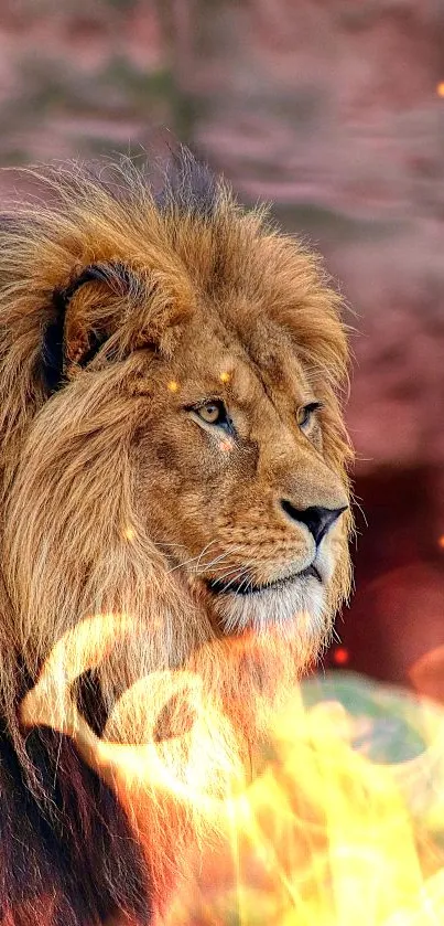 A majestic lion with a lush mane set against a natural backdrop.