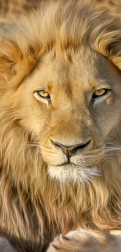 Majestic lion portrait with golden mane in wildlife setting.