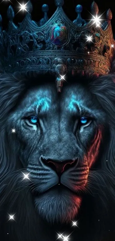 Lion with a crown and glowing eyes mobile wallpaper.