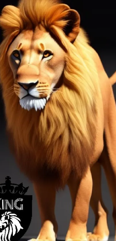 Majestic lion stands prominently with a crown symbol next to it on a dark background.