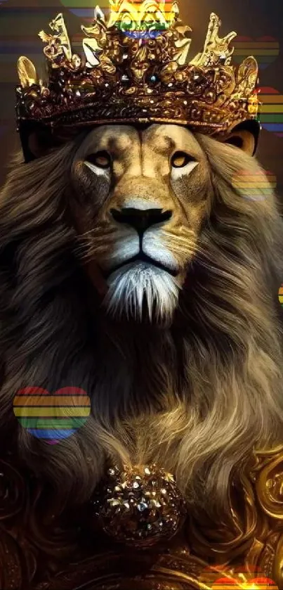 Majestic lion wallpaper with golden crown.