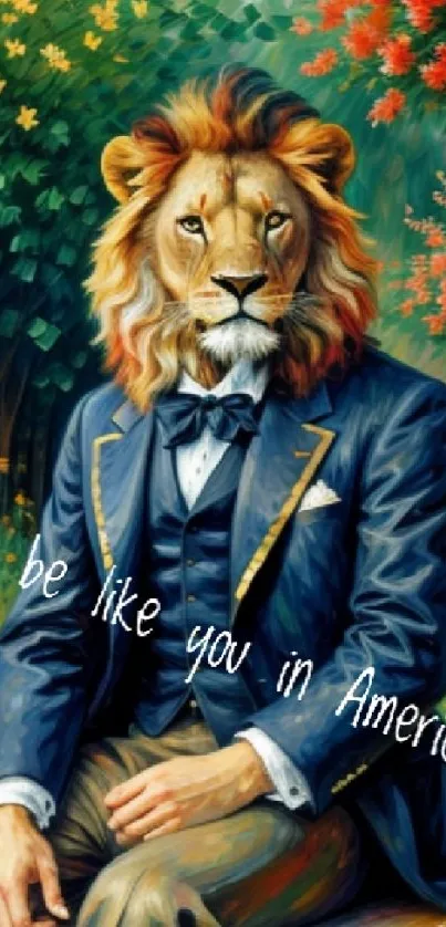 Regal lion in a suit with motivational text.