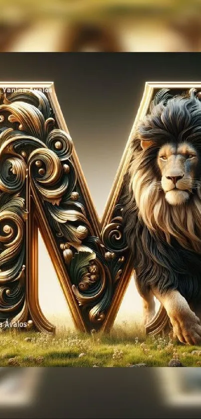 Lion stands regally by an ornate letter M.