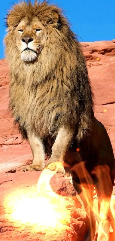 Majestic lion standing on vibrant red rock in natural setting.