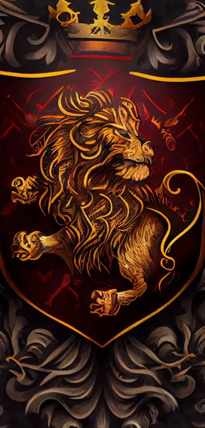 A regal lion shield with a crown, in dark red and gold colors.