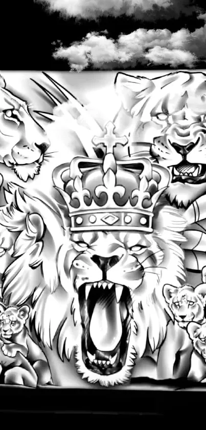 Black and white lion sketch with a crown, ideal for phone wallpaper.