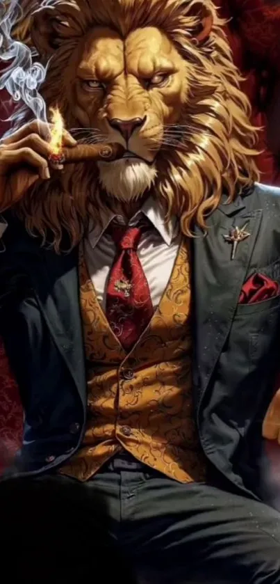 A regal lion in a suit, smoking a cigar, painted with rich detail and dark tones.