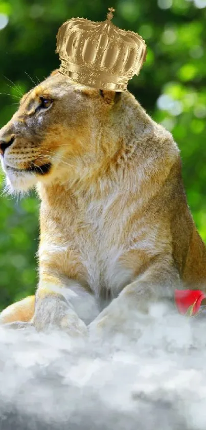 Lion with a golden crown in a lush green forest setting.