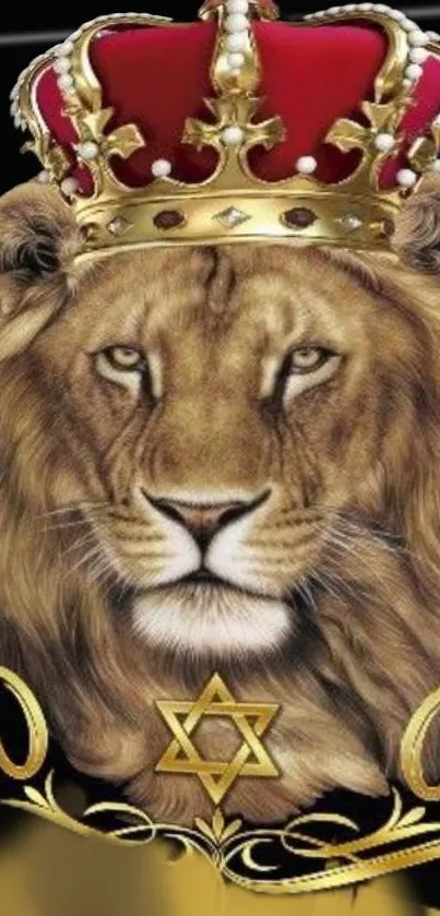 Majestic lion wearing a royal crown with artistic design.