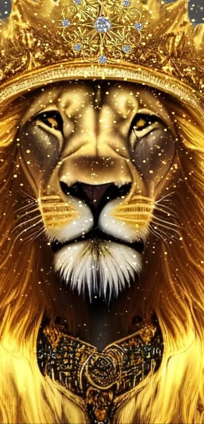 Golden lion with a royal crown on gray background.