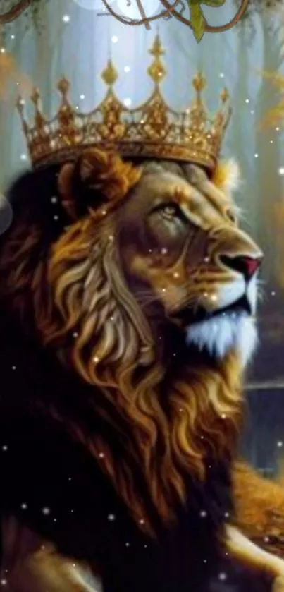 Majestic lion with crown in a mystical golden forest setting.