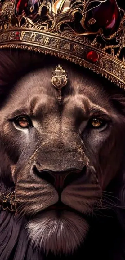 Majestic lion with ornate crown wallpaper, dark and regal.