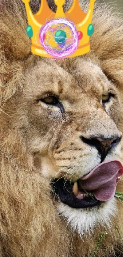 Majestic lion with vibrant crown on mobile wallpaper.