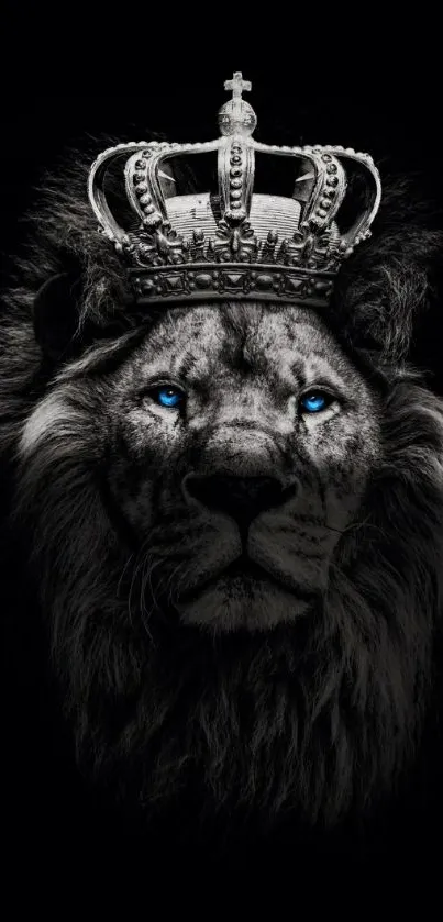 Lion with crown and blue eyes on black background.