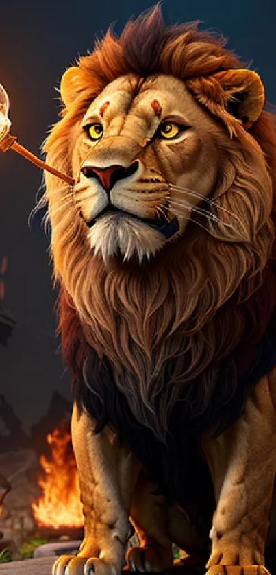 Majestic lion with a fiery backdrop, exuding power and grandeur.