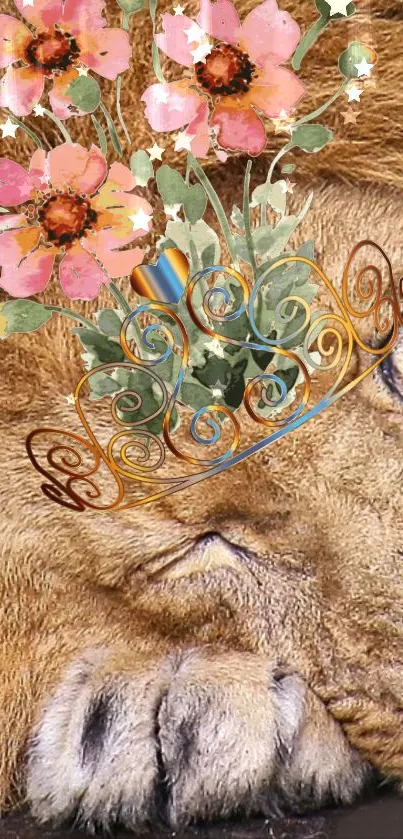 Lion with a floral crown, eyes closed, in a serene pose.