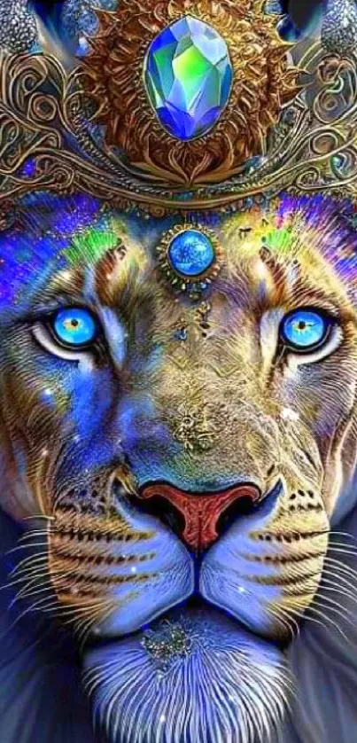 Majestic lion with crown and vibrant colors in digital artwork.