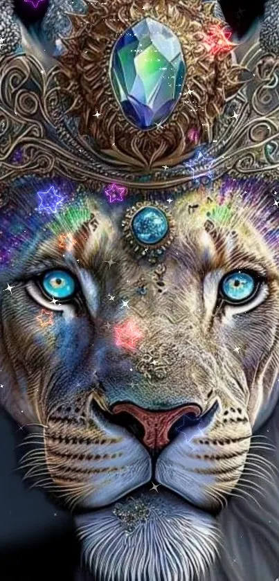 Lion with a gemstone crown in a mystical wallpaper design.