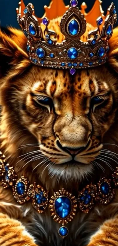 Lion wearing jeweled crown and necklace.