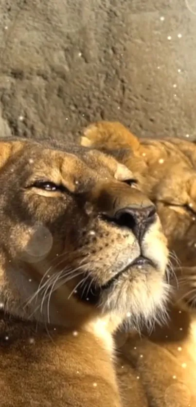 Two lionesses basking in golden sunlight against a rocky background.