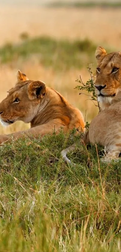 Two majestic lions resting on the African savanna with a golden brown backdrop.