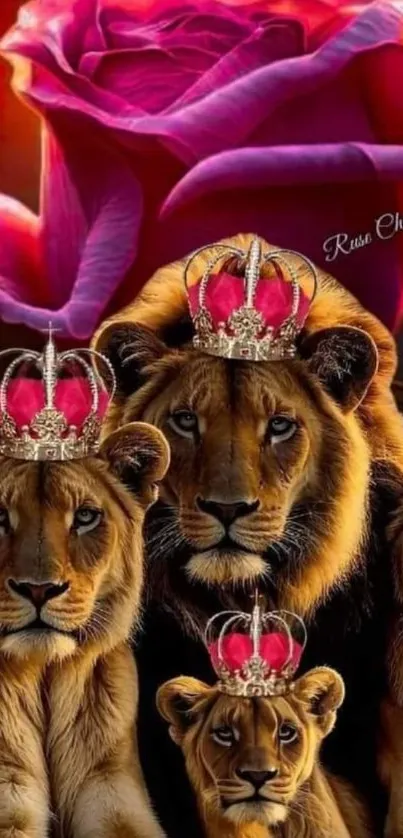 Lions wearing crowns with a vivid rose background.