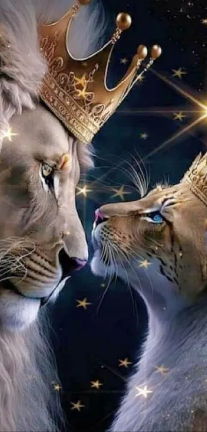 Majestic lion and lioness with crowns under a starry sky.