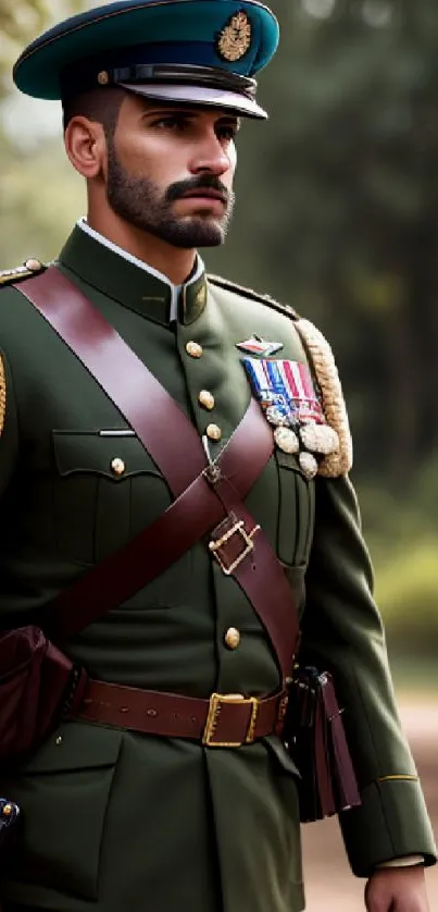 Military officer in olive green uniform with medals, outdoors.