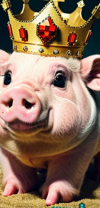 A pink piglet wearing a golden crown on a textured background.