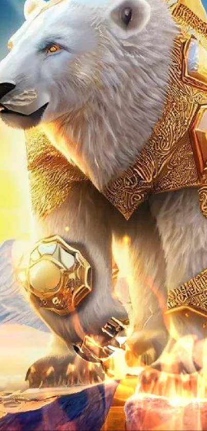 Fantasy polar bear in golden armor amid icy peaks at sunrise.