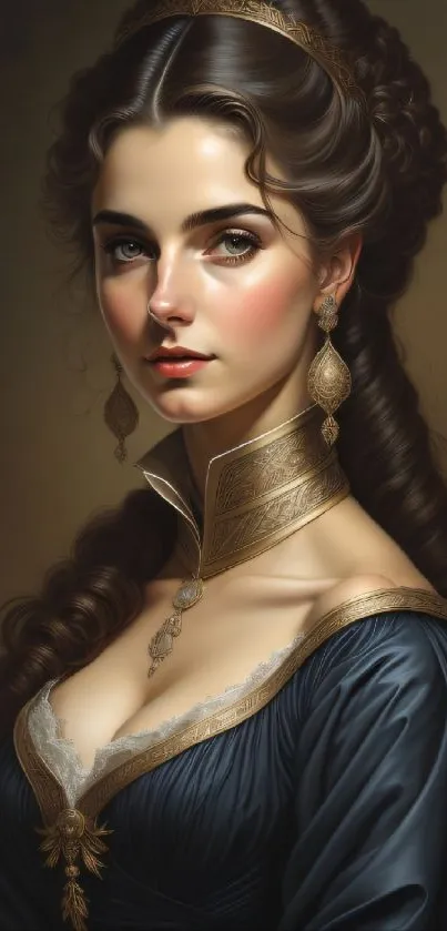 Portrait of a regal woman with intricate attire and dark, elegant tones.