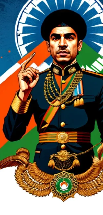 Regal military portrait with vibrant colors and intricate design.