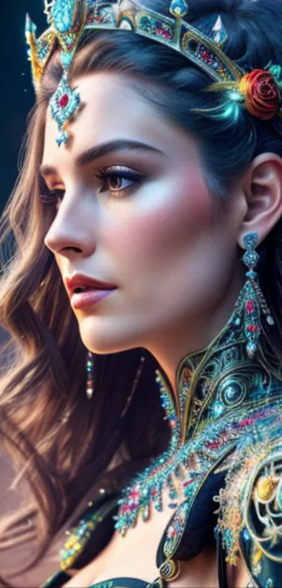 Elegant young woman in jewels and crown, artistic wallpaper.