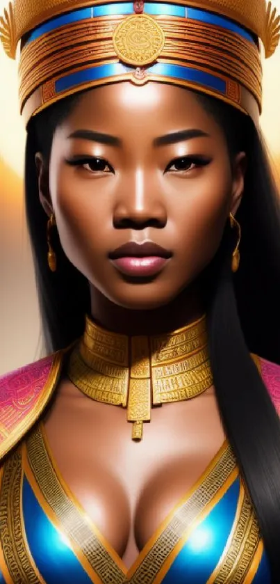 Regal woman in golden attire with vibrant colors, designed for mobile wallpaper.