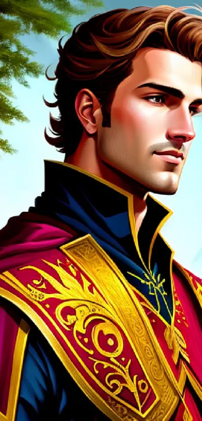 Regal prince in elaborate burgundy attire digital art wallpaper.