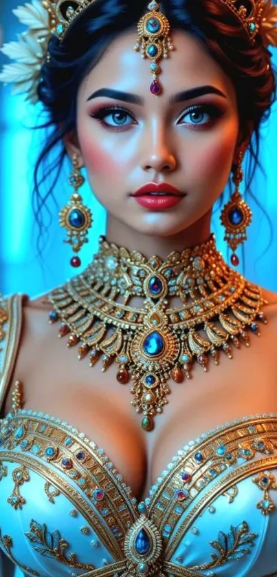 Fantasy art of a regal princess in ornate gold jewelry.