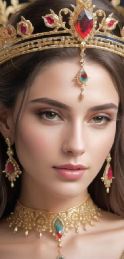 Elegant princess with a jeweled gold crown on black background.