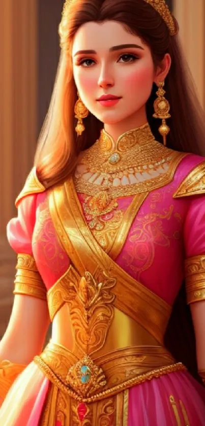 A regal princess in a pink and gold dress in a palace setting.