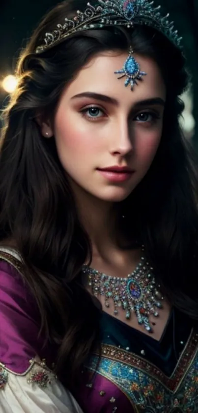 Elegant princess with tiara and jewels in a fantasy setting.