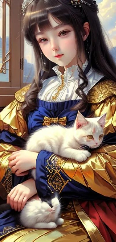 Princess with white cats in a regal setting.